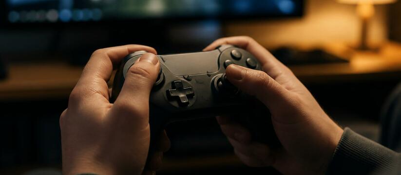 Руки человека держат чёрный игровой контроллер,...